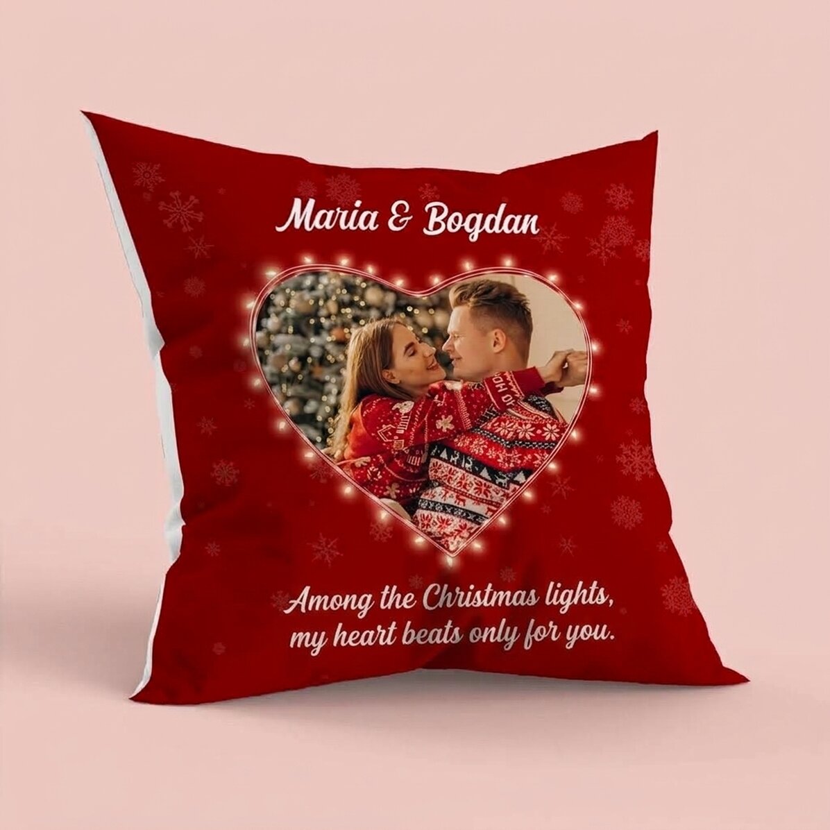 Cuscino personalizzato con foto e messaggio - Luci di Natale