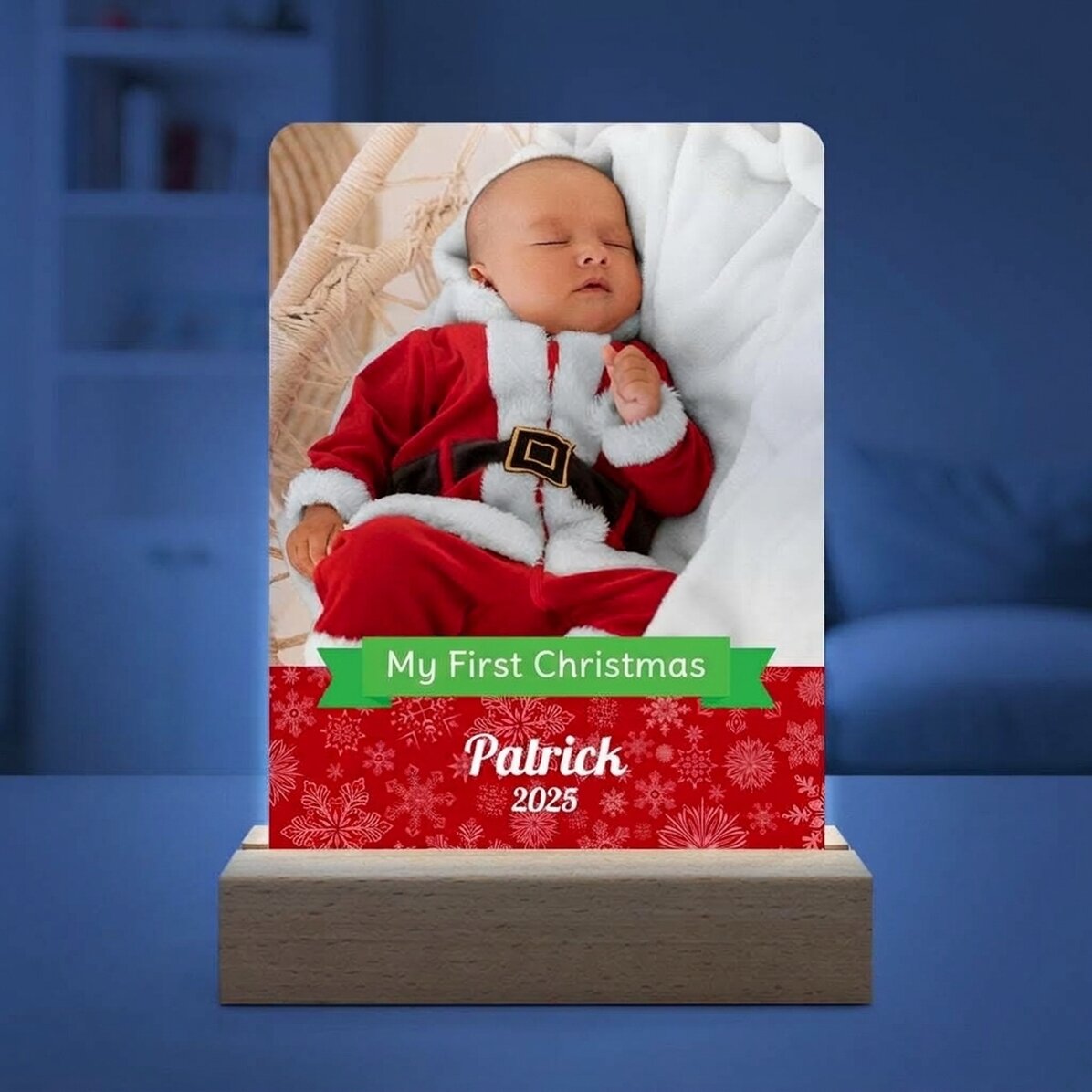 Lampada da comodino a LED personalizzata con foto e testo - Il mio primo Natale