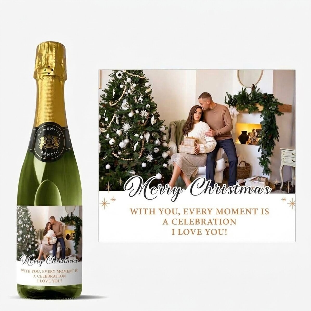 Bottiglia media di spumante personalizzata con una scritta e una foto - Merry Christmas