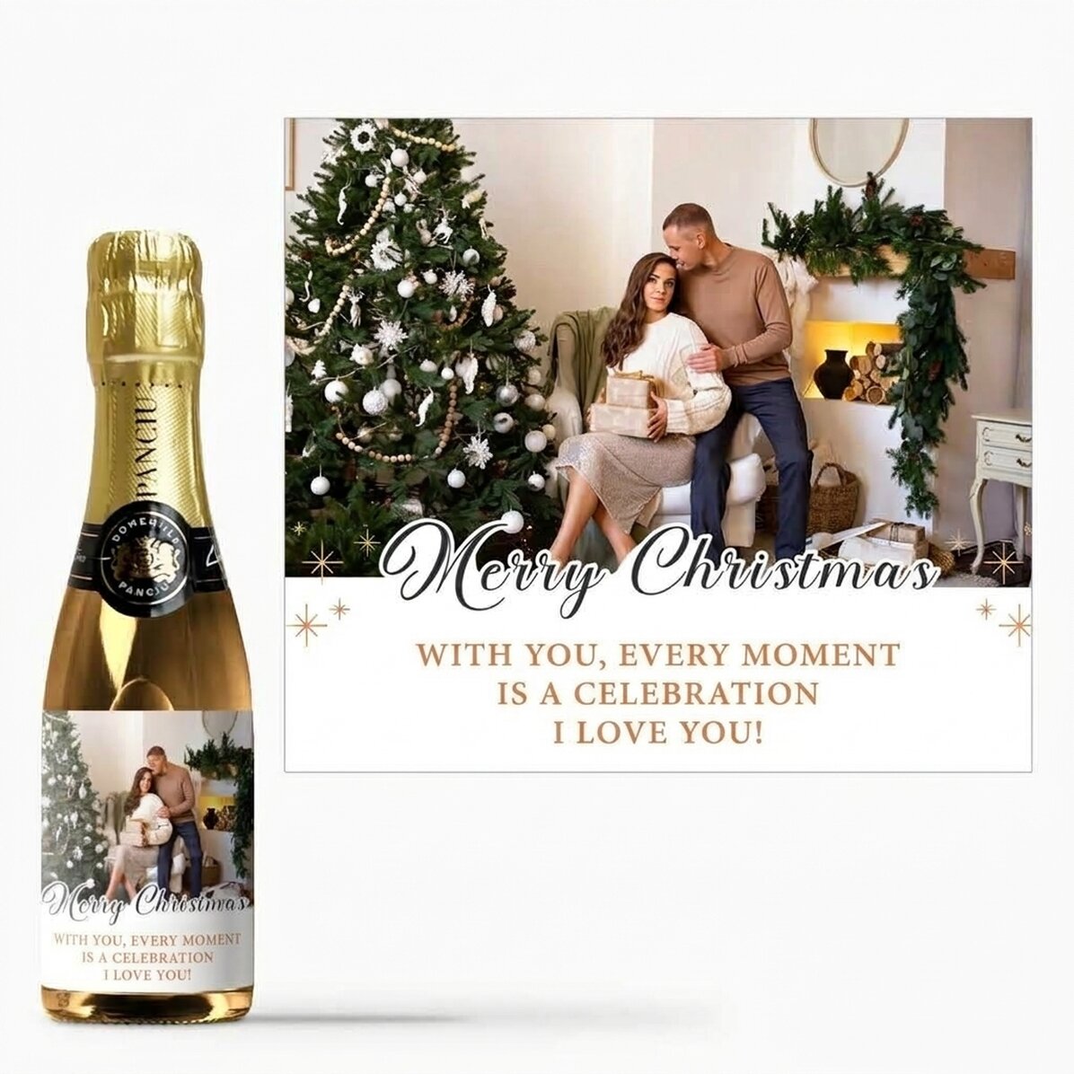 Mini bottiglia di spumante personalizzata con una frase e una foto - Buon Natale