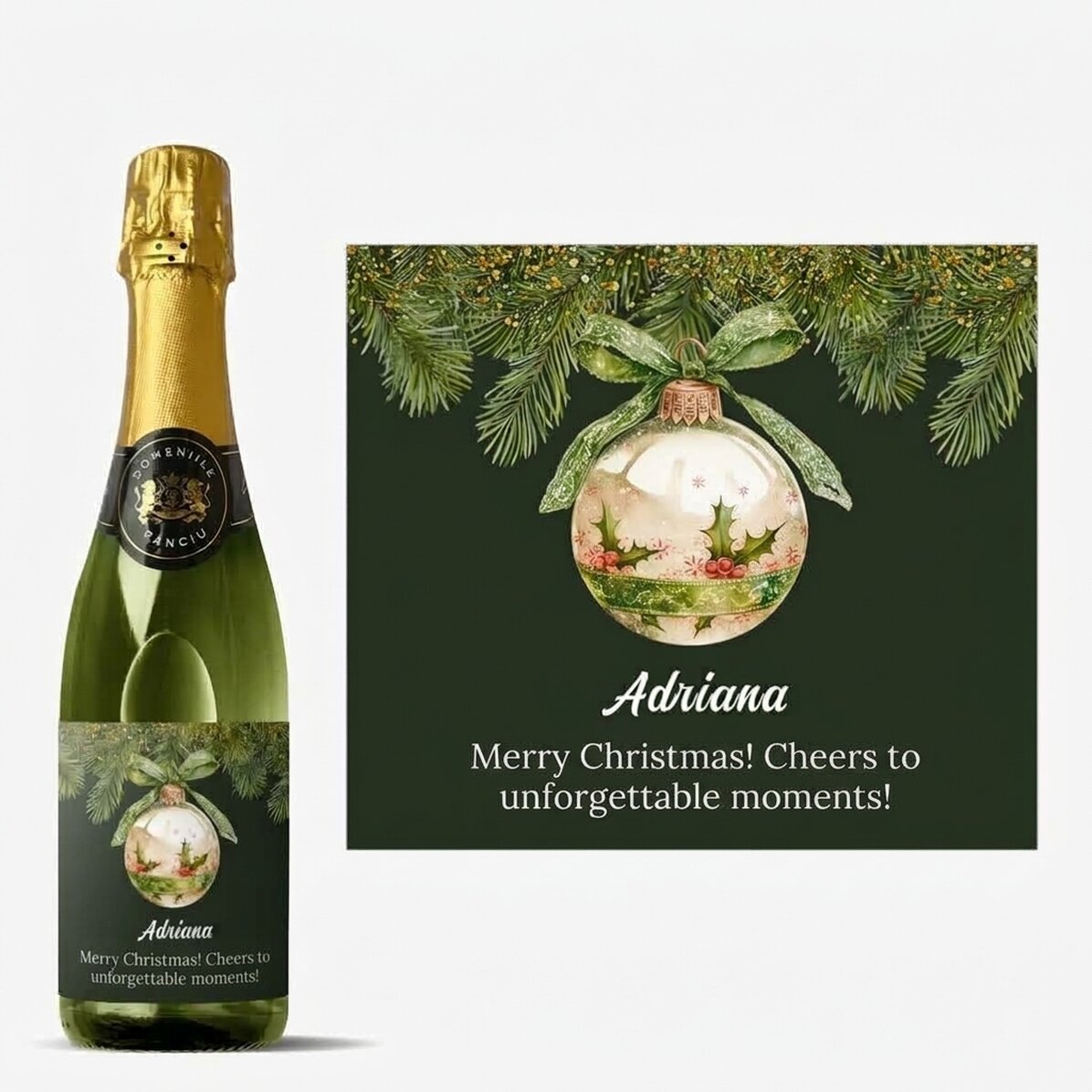 Medium bottle of sparkling wine personalised with text - Christmas bauble