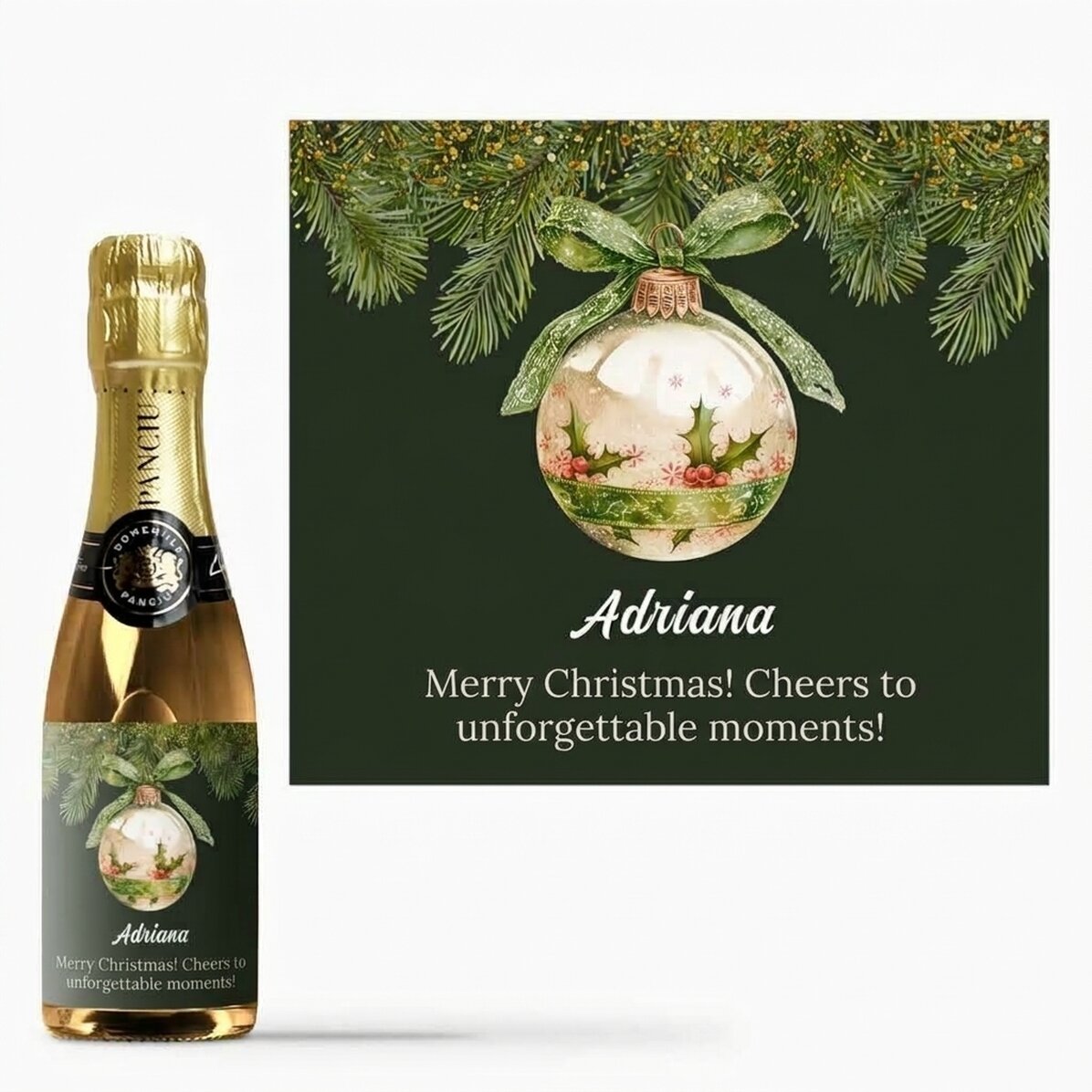 Mini bottiglia di spumante personalizzata con una scritta - Pallina di Natale