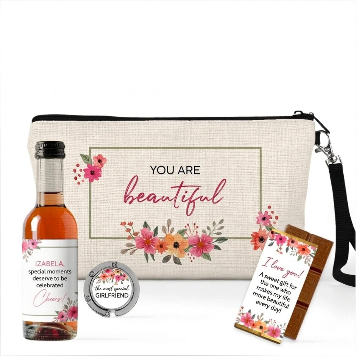 Set regalo con una mini bottiglia di vino personalizzata per lei