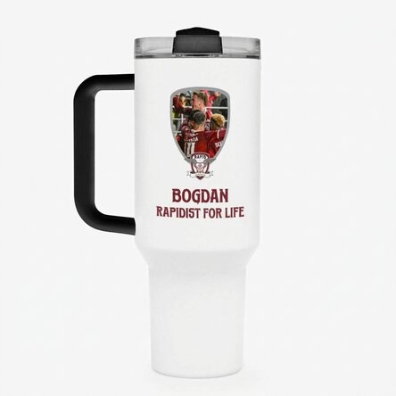 Tazza termica FC Rapid con manico e cannuccia, personalizzata con foto e testo