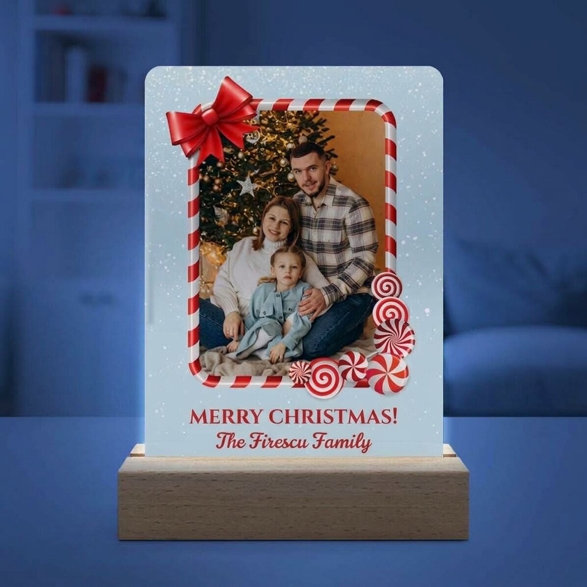 Lampada da comodino a LED personalizzata con una foto e un messaggio - Buon Natale!