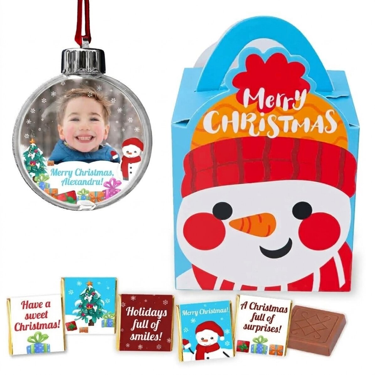 Set regalo con palla di vetro personalizzata - Pupazzo di neve