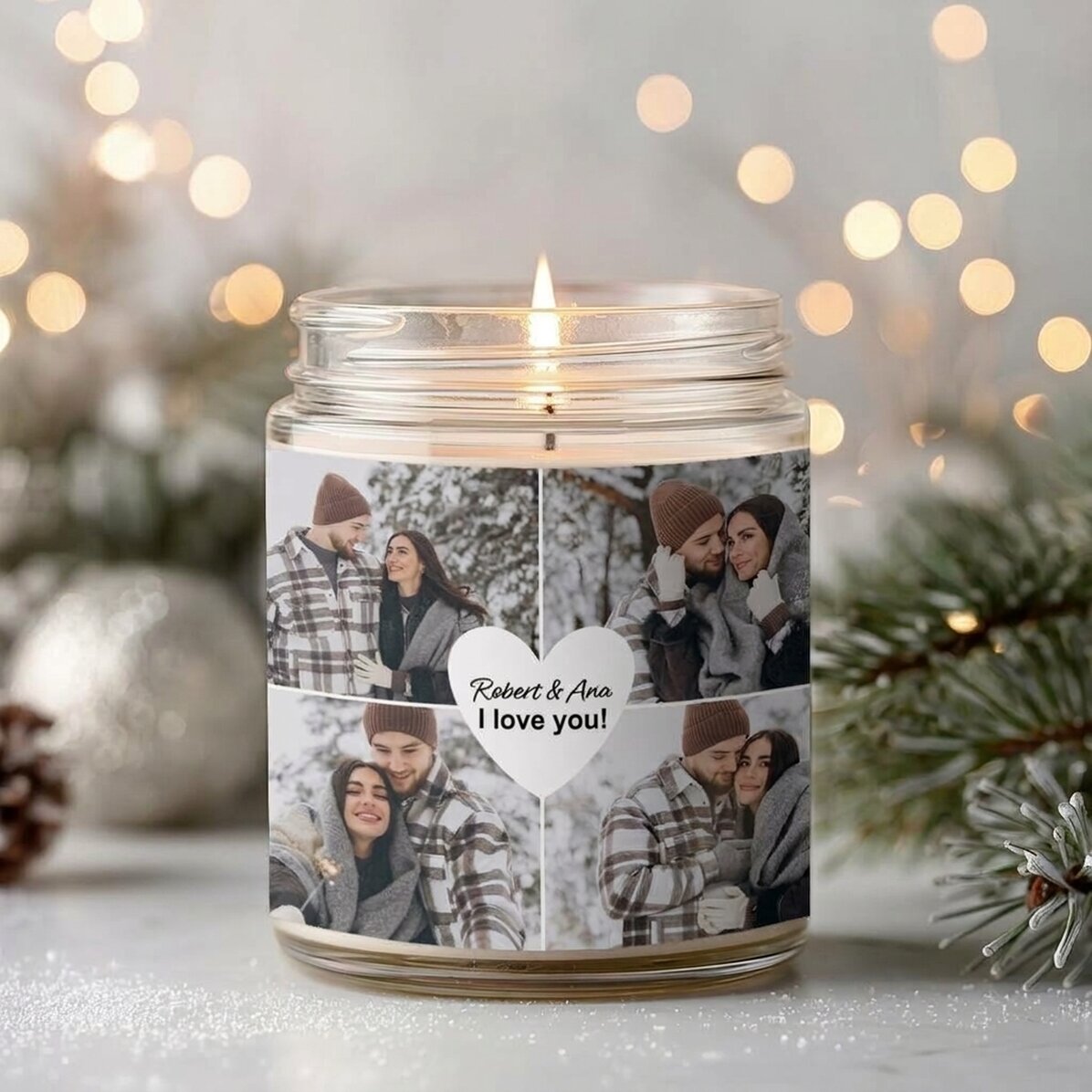 Candela profumata grande personalizzata con 4 foto e un testo - Love