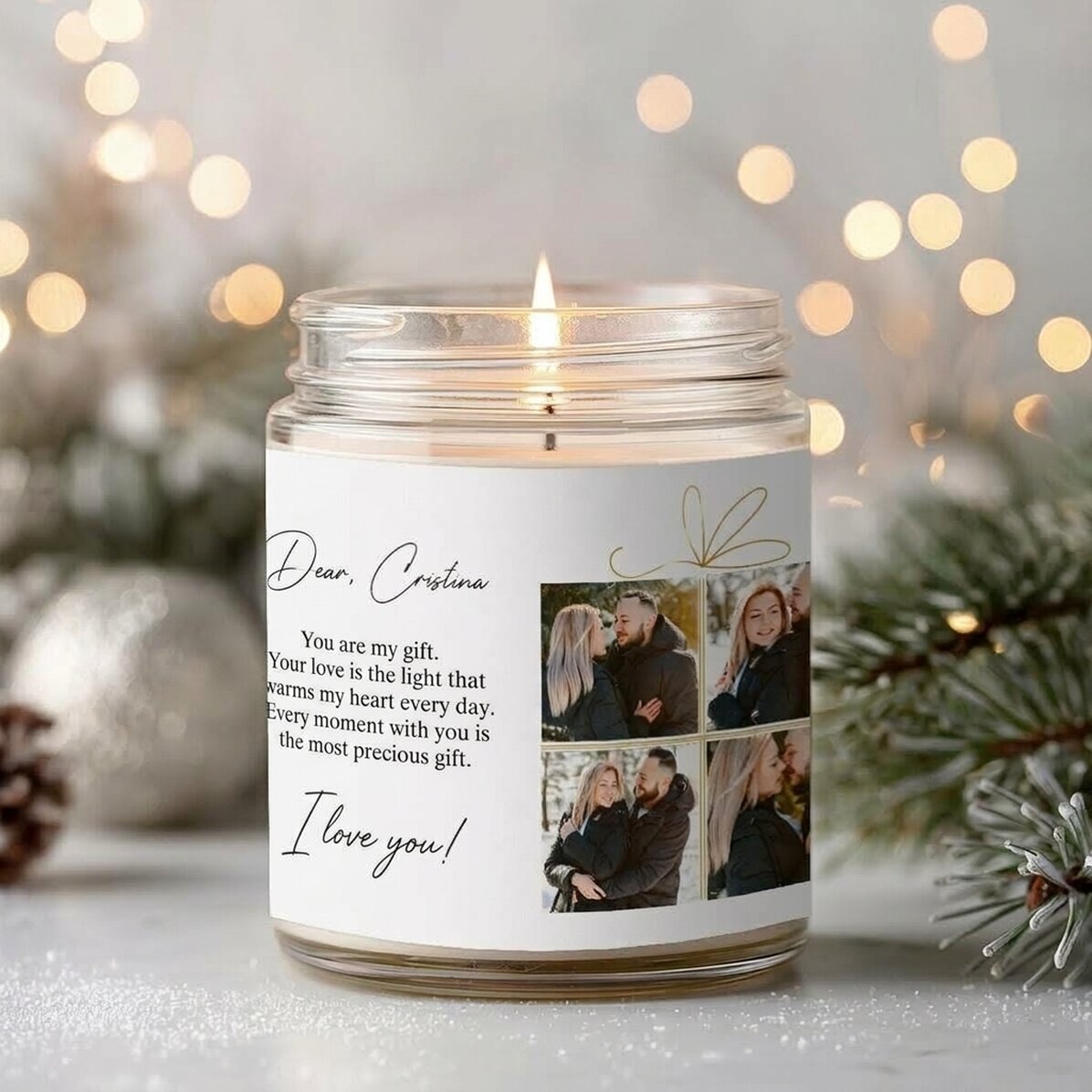 Candela profumata grande personalizzata con 4 foto e un testo - Regalo di Natale