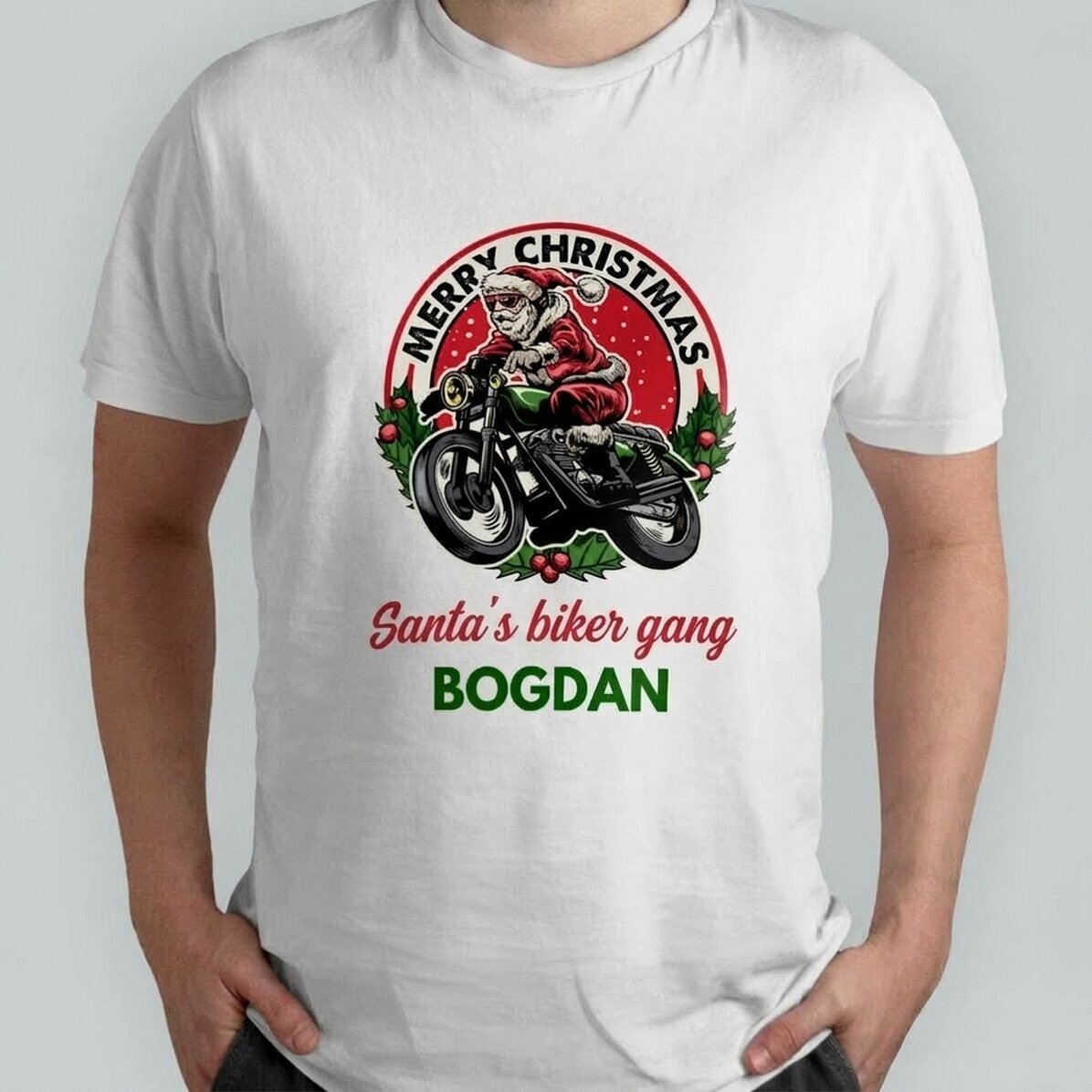 Maglietta in cotone personalizzata con scritta - Babbo Natale motociclista
