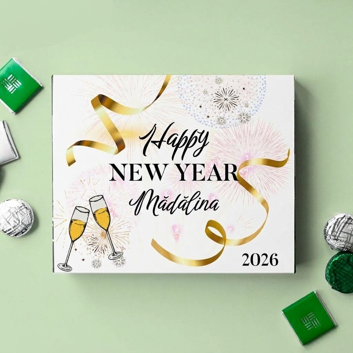Scatola di cioccolatini personalizzata con la scritta "Happy New Year"