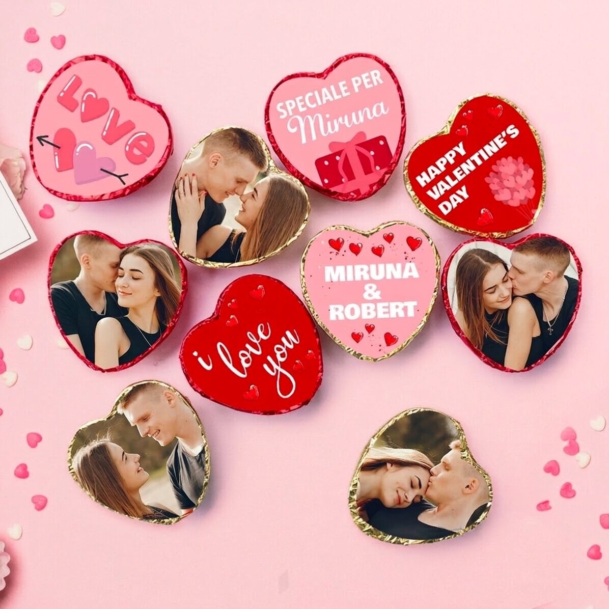 Set di 10 mini cioccolatini a forma di cuore personalizzati con foto e testo - Love