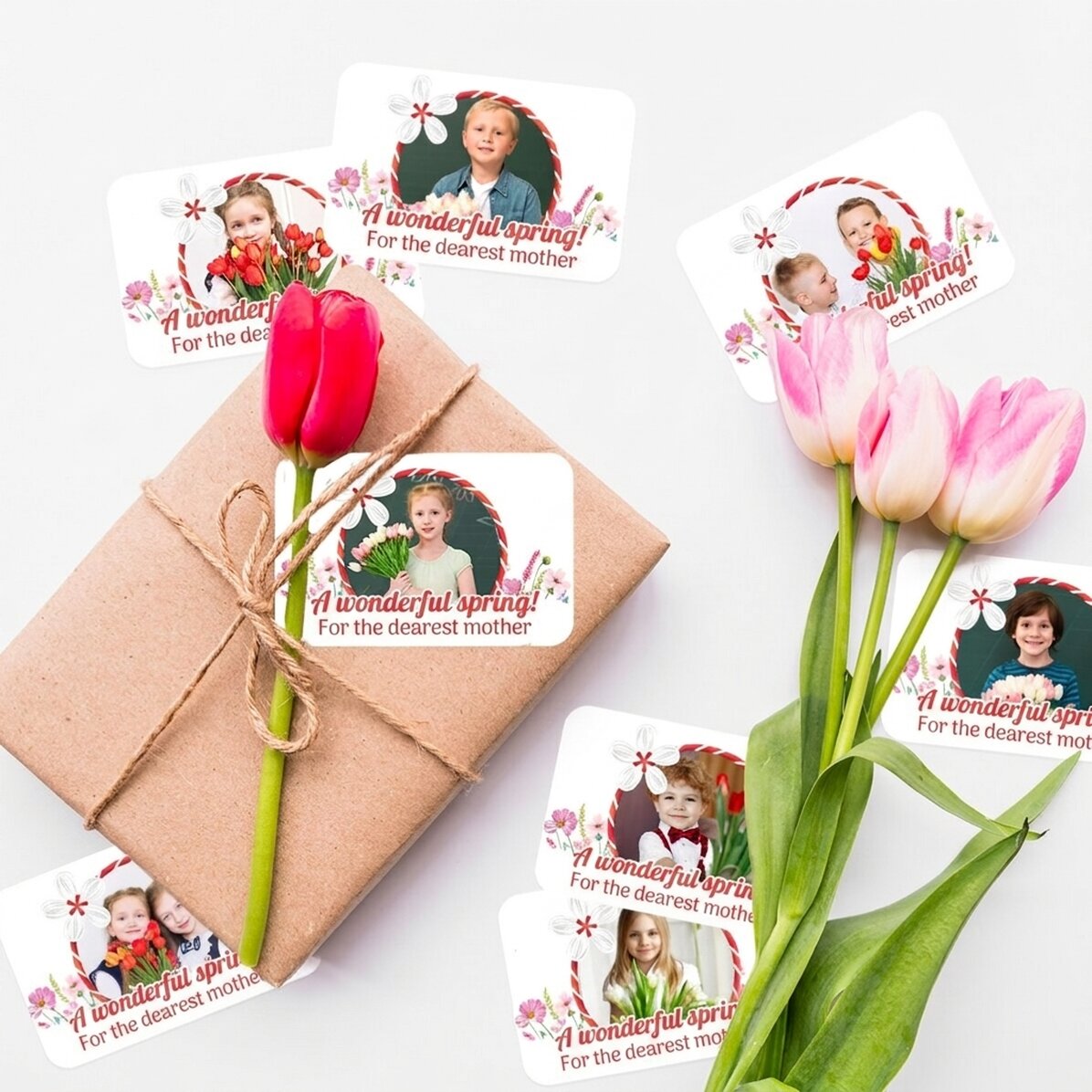 Set di 8 adesivi (etichette autoadesive) personalizzati con foto e messaggio