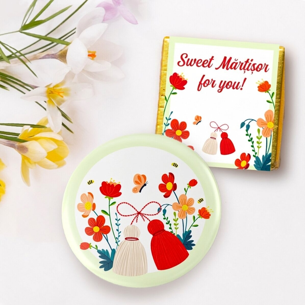 Set regalo Martisor con mini cioccolatino e spilla