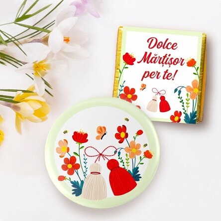 Set regalo Martisor con mini cioccolatino e spilla