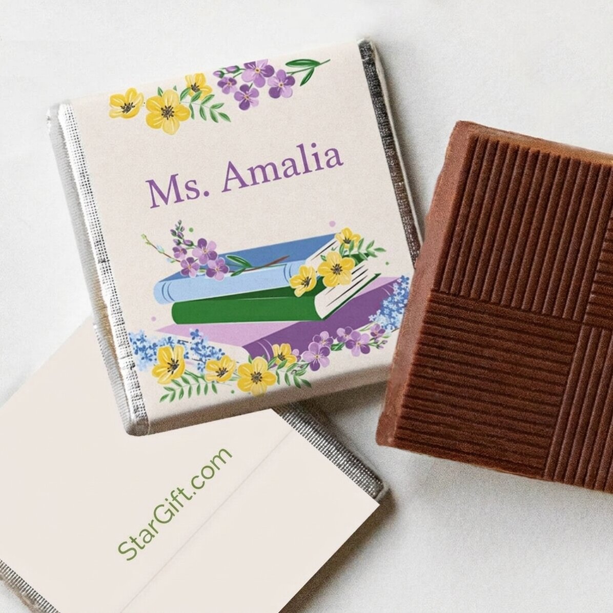 Mini cioccolatino personalizzato con messaggio - Libri e fiori