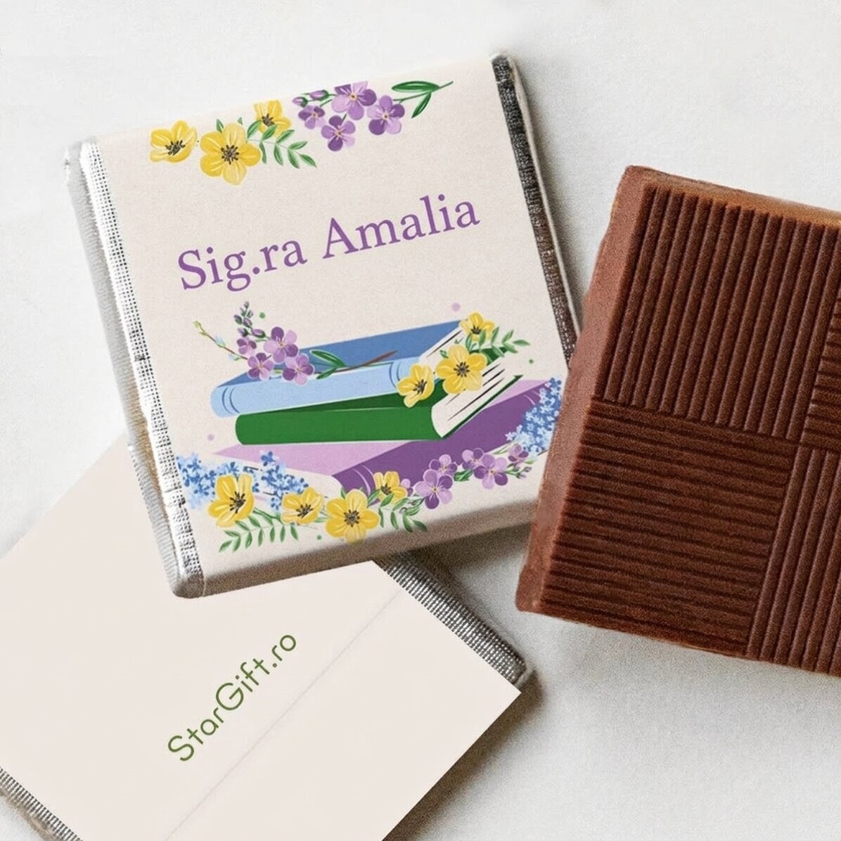 Mini cioccolatino personalizzato con messaggio - Libri e fiori