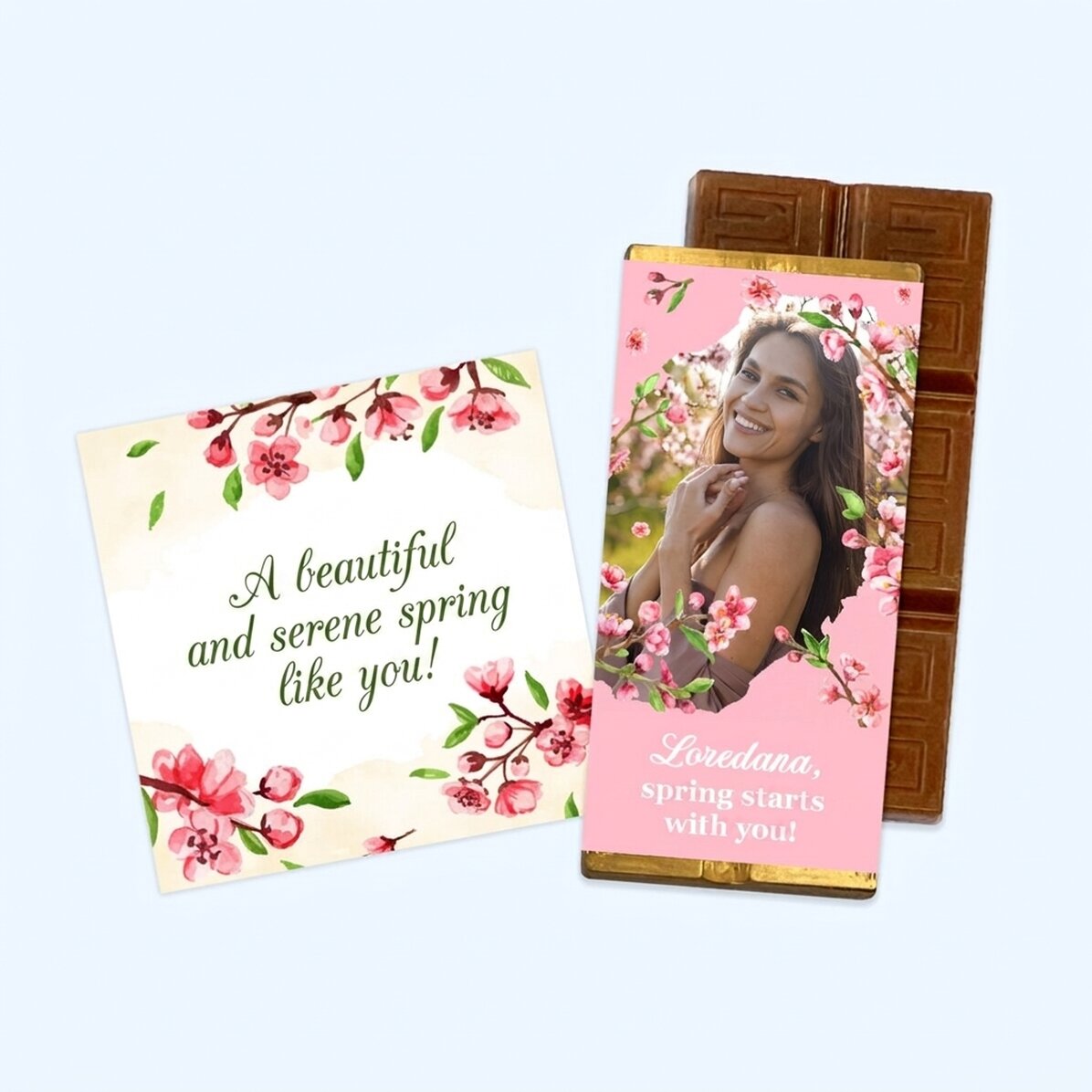 Set regalo primaverile con magnete e mini tavoletta di cioccolato personalizzata