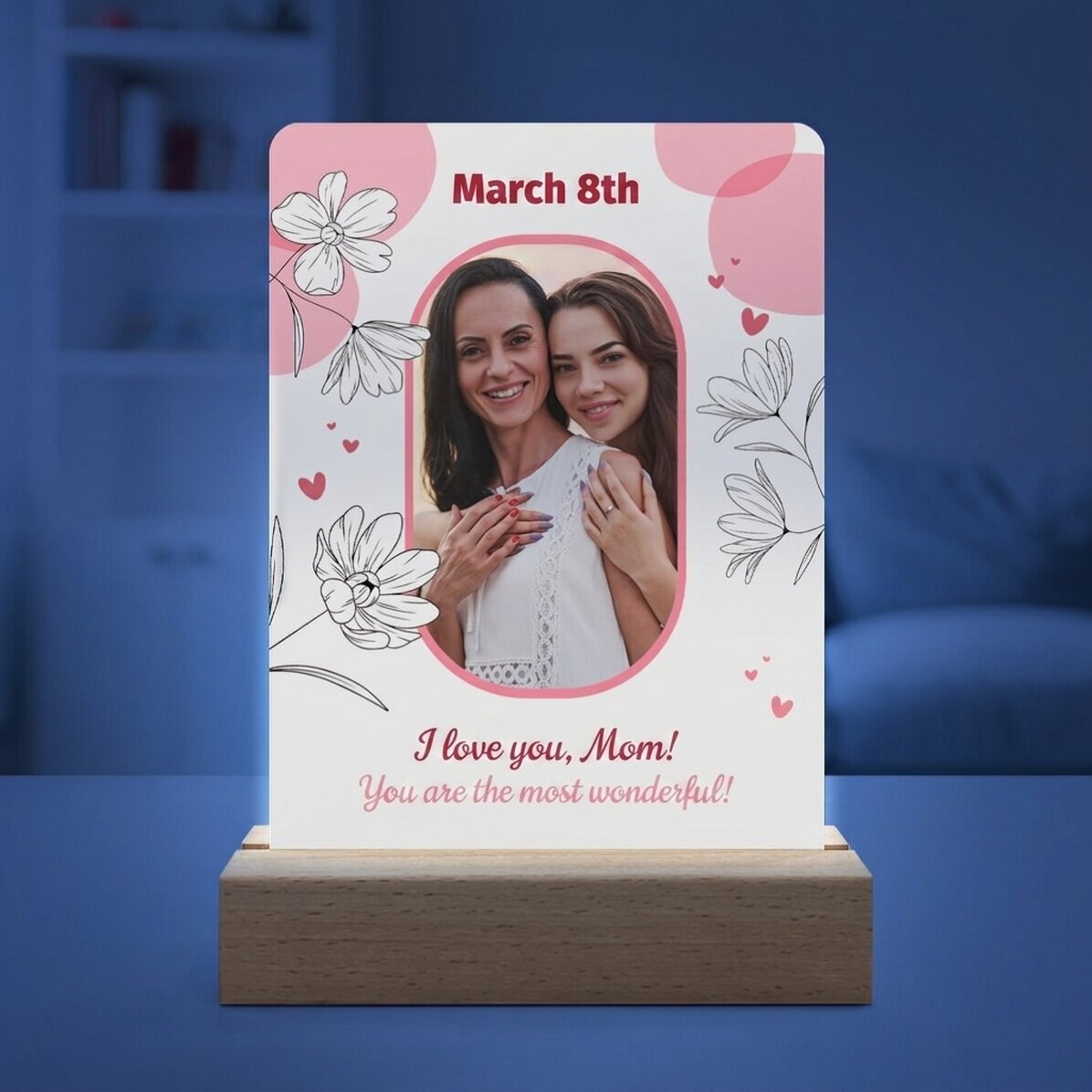 Lampada da comodino a LED personalizzata con foto e testo - Floral