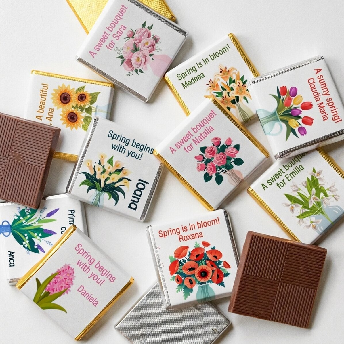 Set di 10 mini cioccolatini personalizzati con scritta - Flowers