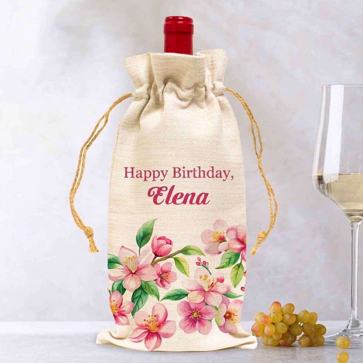 Sacchetto personalizzato per bottiglia di vino con messaggio - Fiori