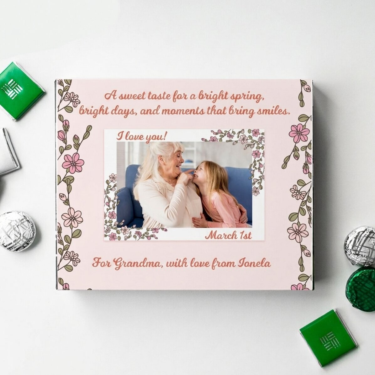 Scatola di caramelle personalizzata con foto e testo - Floricele
