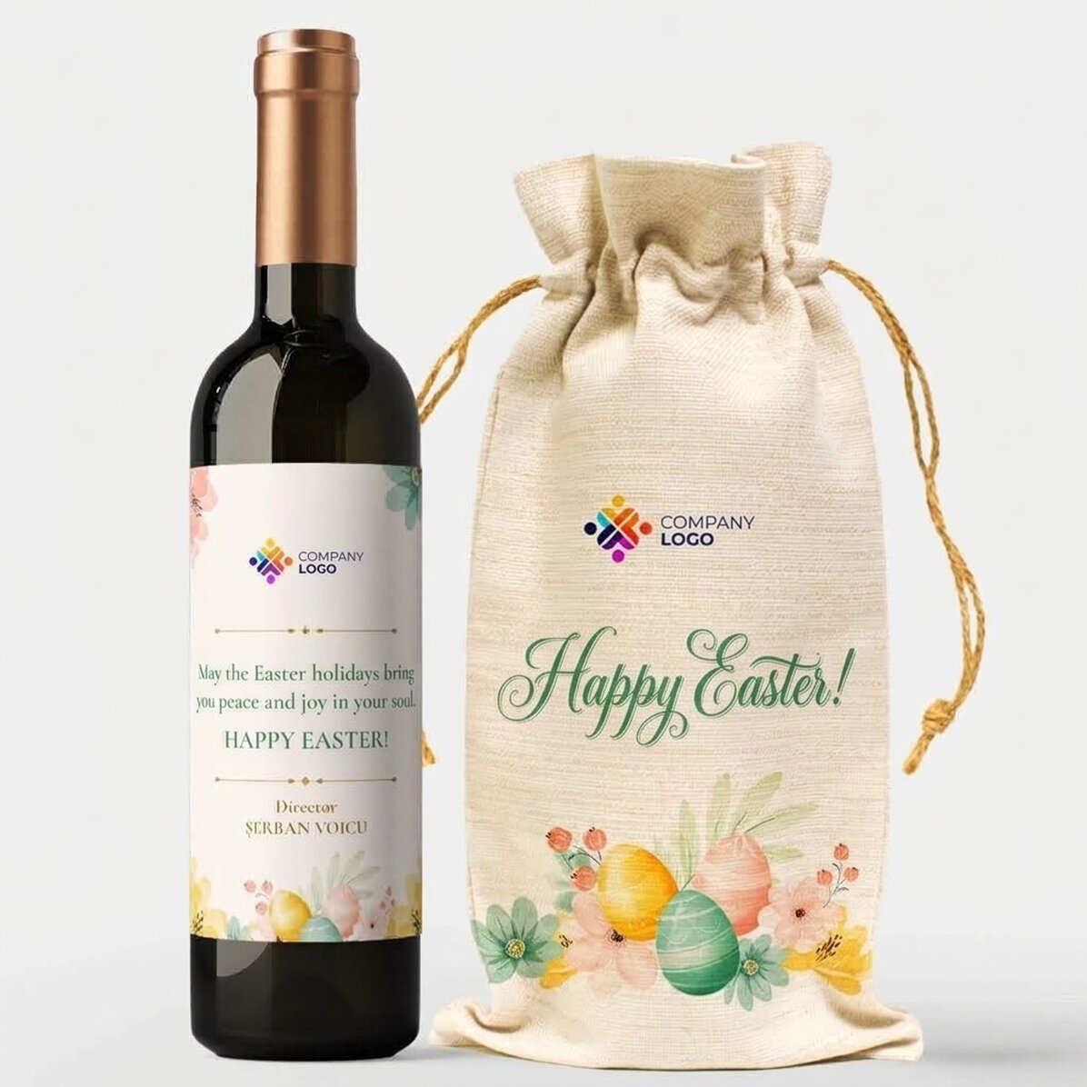 Set regalo composto da bottiglia e sacchetto per il vino personalizzati con logo - Buona Pasqua!