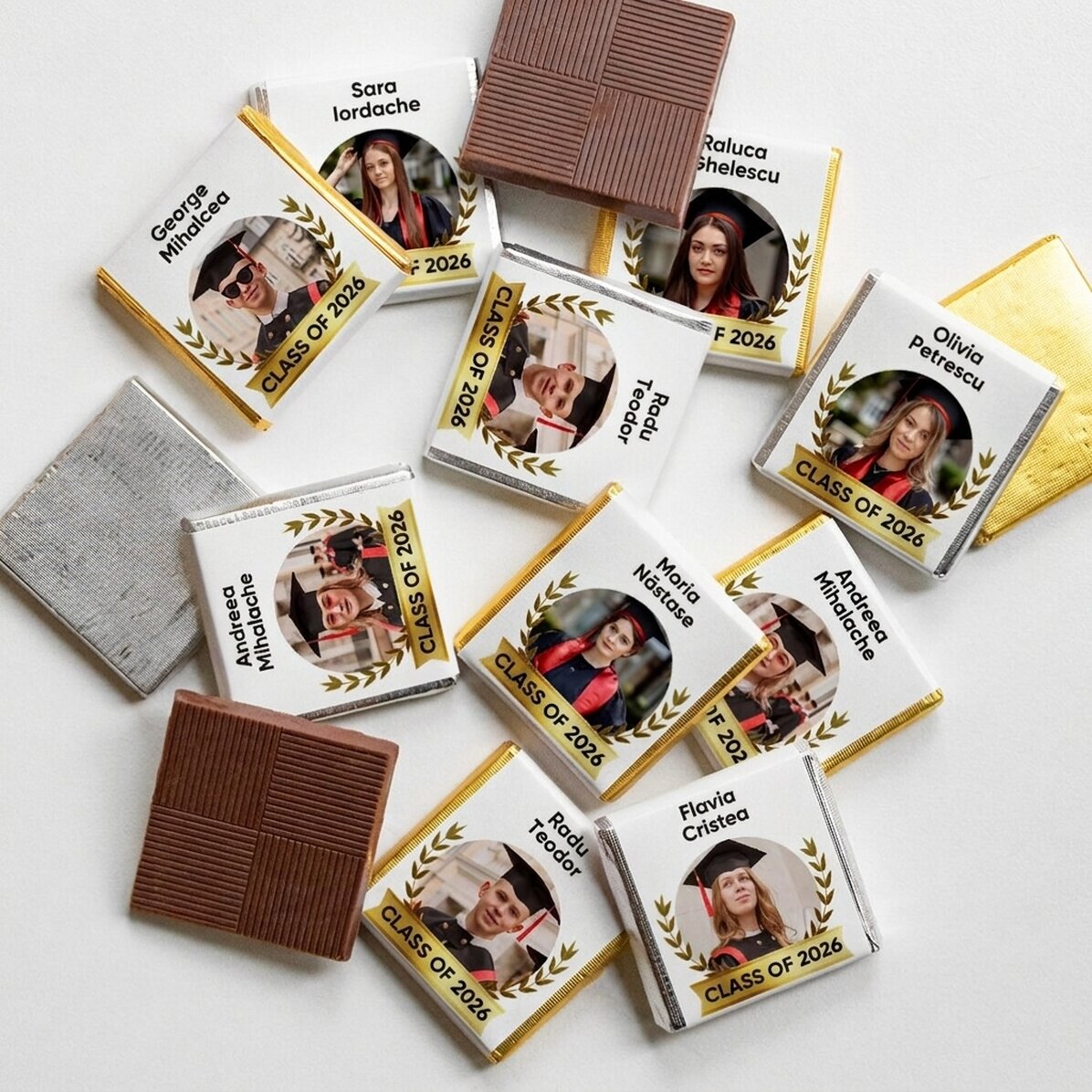 Set di 10 mini cioccolatini personalizzati con testo e foto per i diplomati