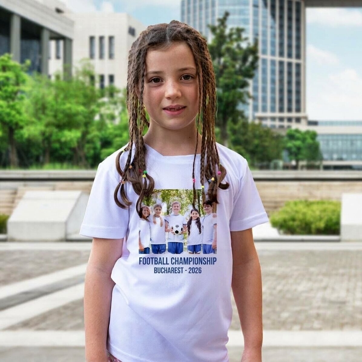Maglietta sportiva per bambini personalizzata con una foto e una scritta