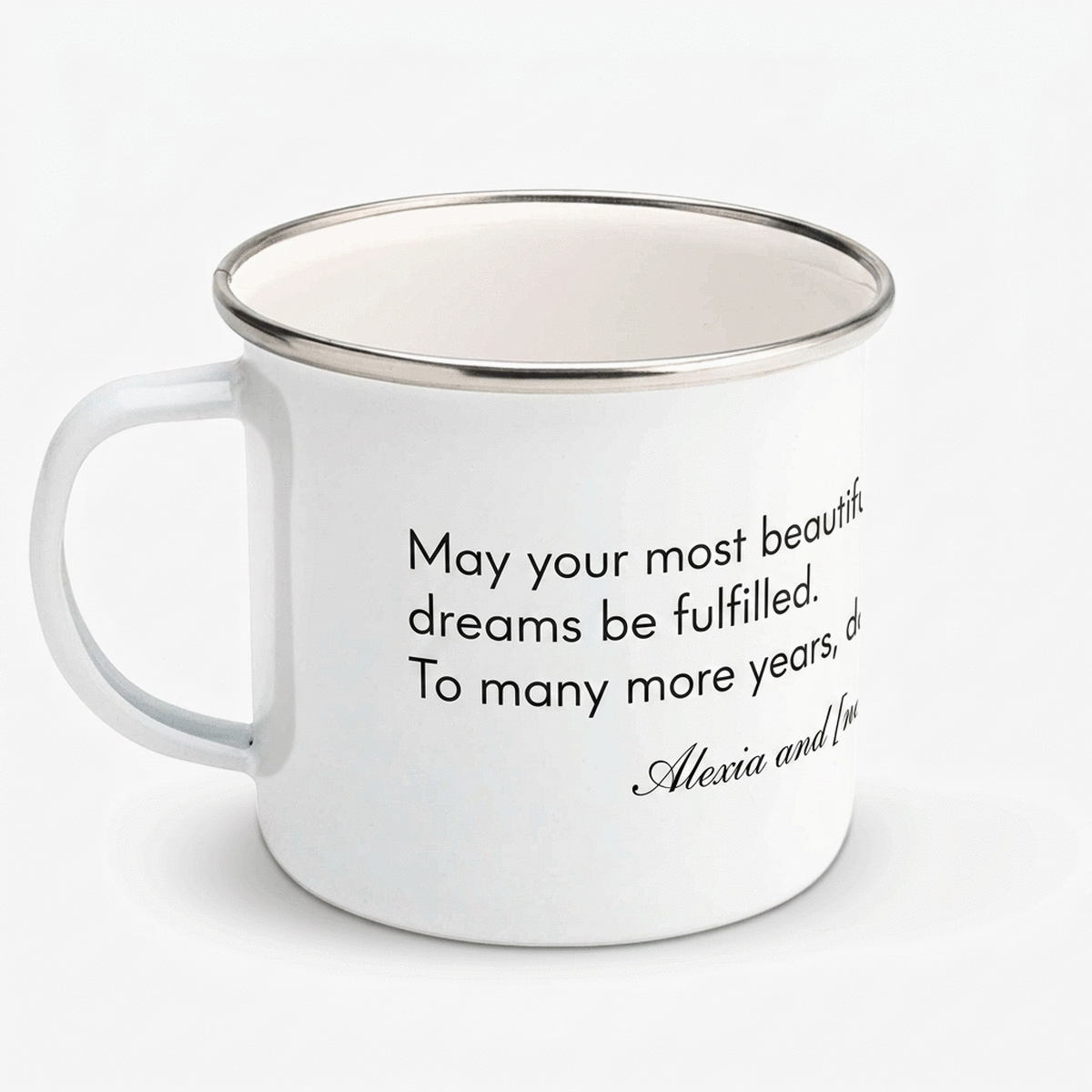 Tazza in metallo smaltato personalizzata con messaggio