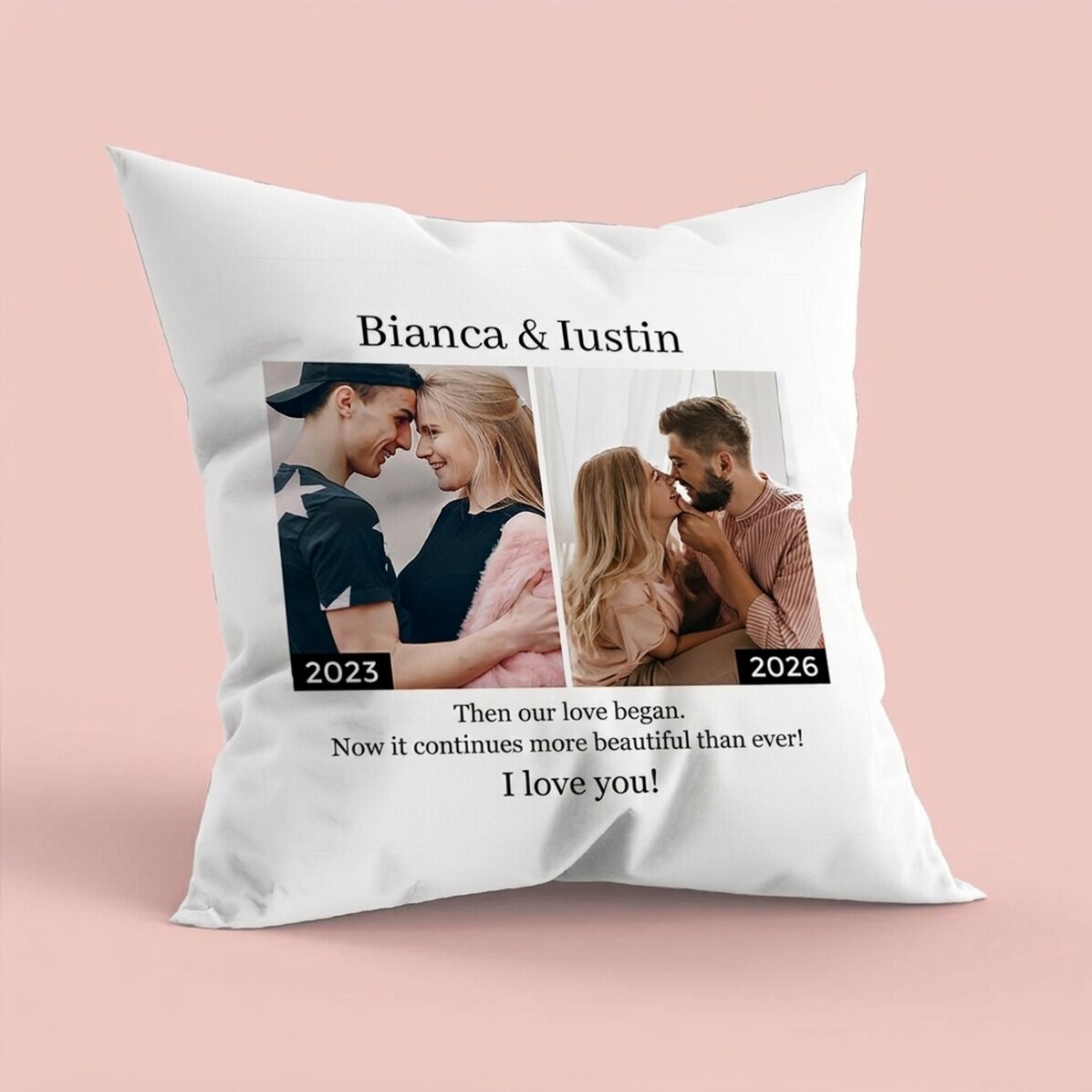Cuscino personalizzato con 2 foto e testo - Allora e adesso