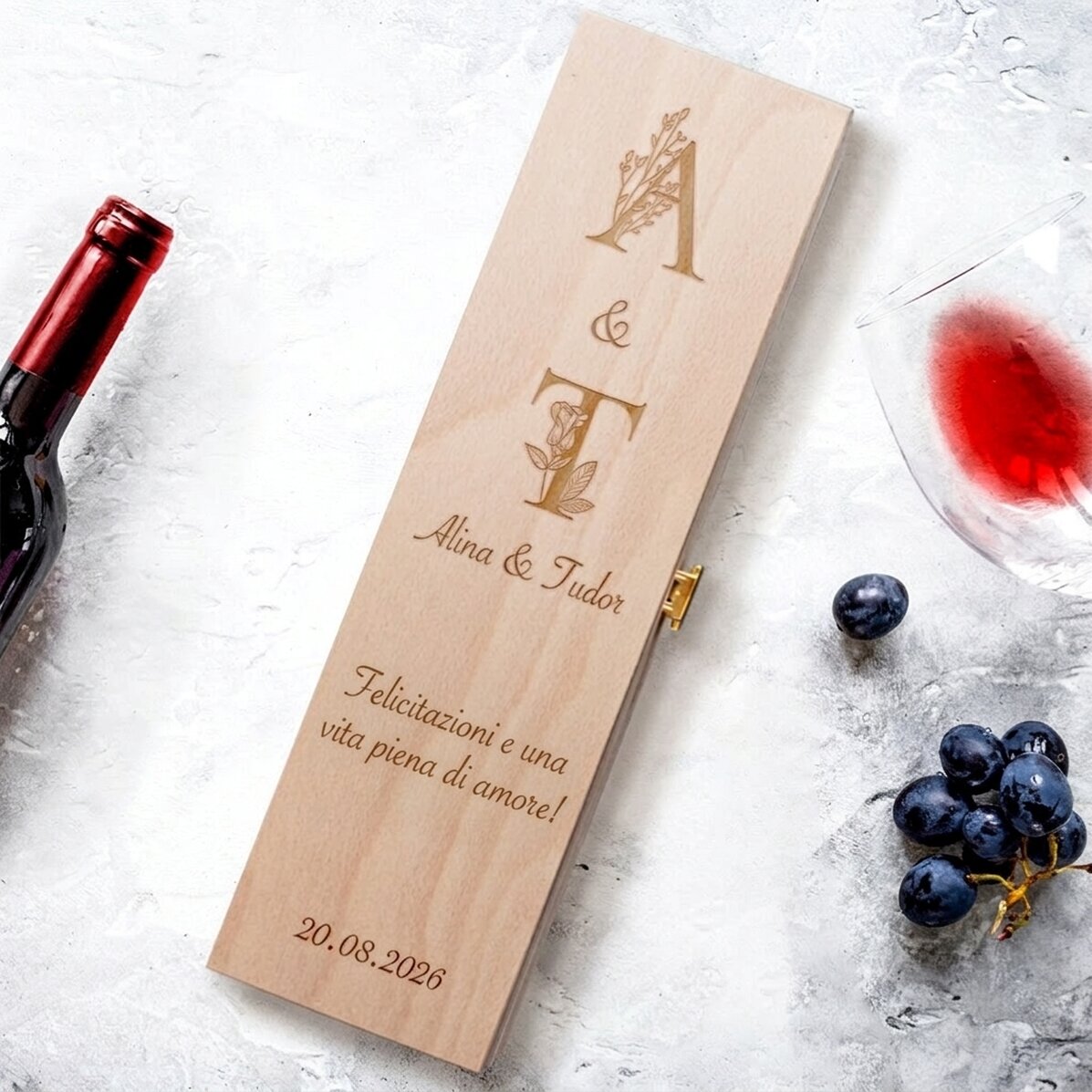 Scatola per vino personalizzata con testo e iniziali - Floral