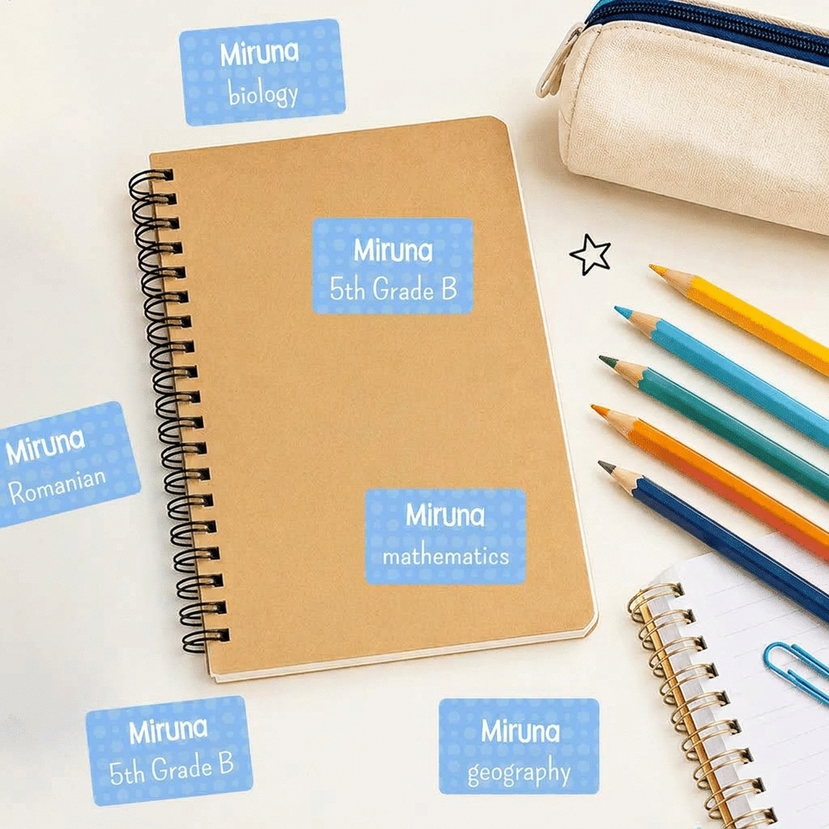 Set di 18 adesivi personalizzati con testo per la scuola, per quaderni e materiale scolastico