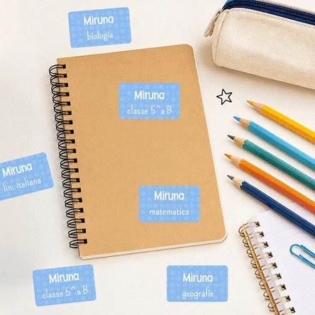 Set di 18 adesivi personalizzati con testo per la scuola, per quaderni e materiale scolastico