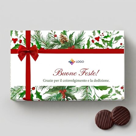 Scatola di cioccolatini alla crema personalizzata con logo e messaggio - modello natalizio