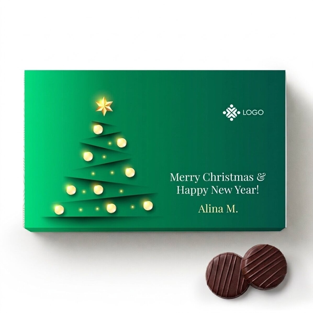 Scatola di cioccolatini alla crema personalizzata con logo e messaggio - Albero di Natale