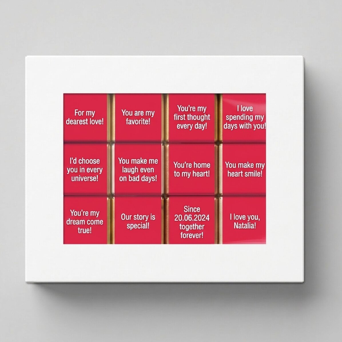 Confezione regalo con 12 mini cioccolatini personalizzati con messaggi