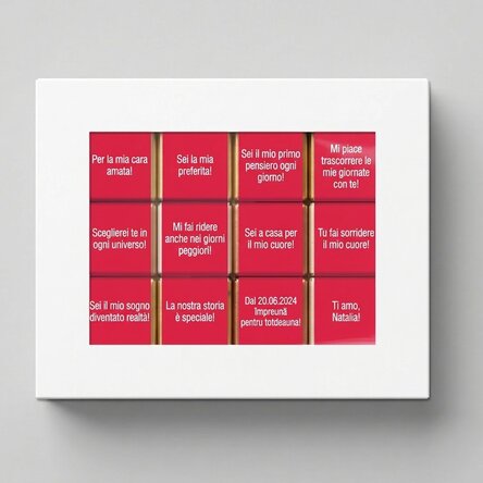 Confezione regalo con 12 mini cioccolatini personalizzati con messaggi