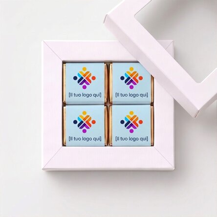 Confezione regalo con 4 mini cioccolatini personalizzati con logo