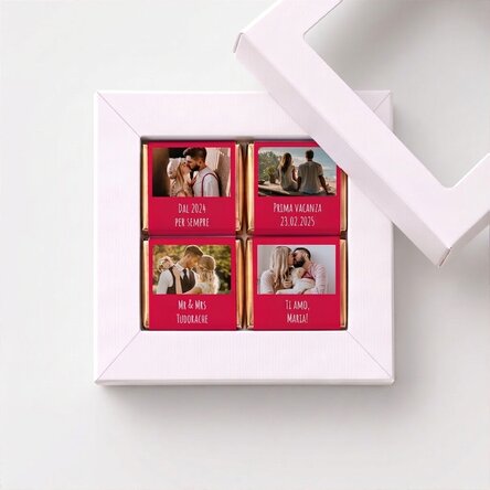 Confezione regalo con 4 mini cioccolatini personalizzati con foto e messaggio