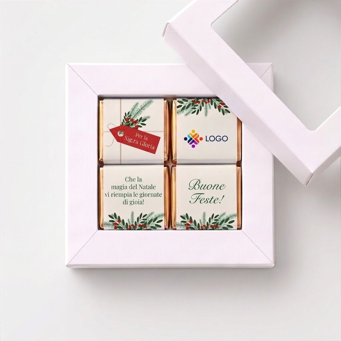 Confezione regalo con 4 mini cioccolatini personalizzati con logo e messaggio natalizio