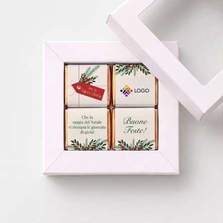 Confezione regalo con 4 mini cioccolatini personalizzati con logo e messaggio natalizio
