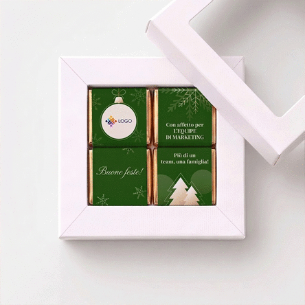 Confezione regalo con 4 mini cioccolatini personalizzati con logo e messaggio per il team