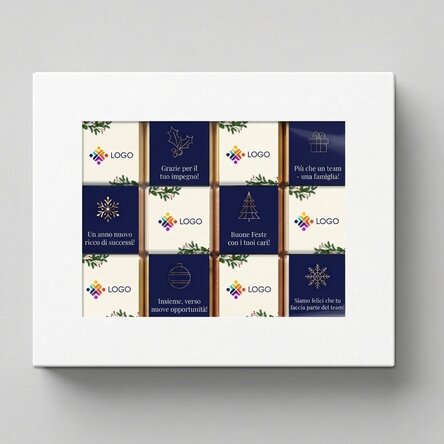 Confezione regalo con 12 mini cioccolatini personalizzati con logo e messaggio natalizio