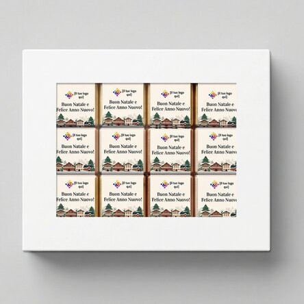 Confezione regalo con 12 mini cioccolatini personalizzati con logo e messaggi natalizi