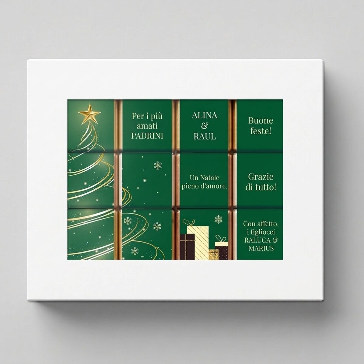 Confezione regalo con 12 mini cioccolatini personalizzati con messaggi - Albero di Natale