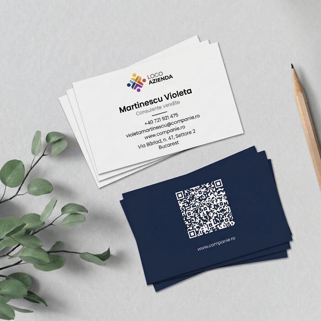 Biglietti da visita personalizzati su carta, design minimalista, logo e codice QR