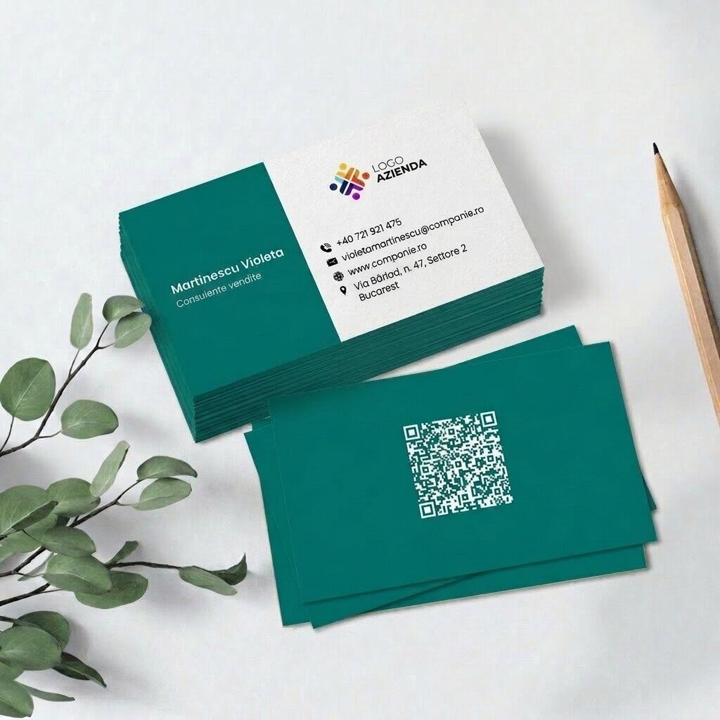 Biglietti da visita personalizzati su carta, con design a strisce colorate, logo e codice QR