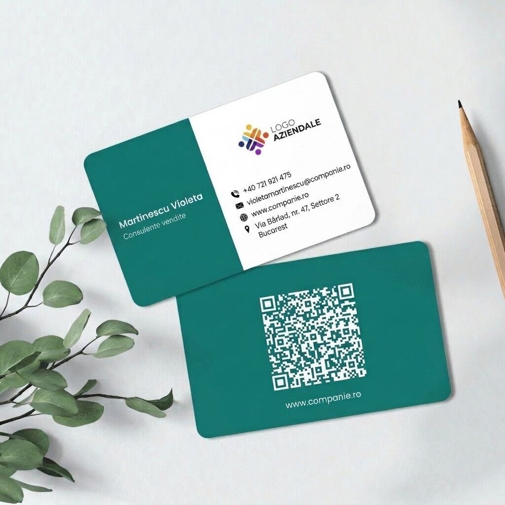 Biglietto da visita personalizzato in alluminio, con design a strisce colorate, logo e codice QR