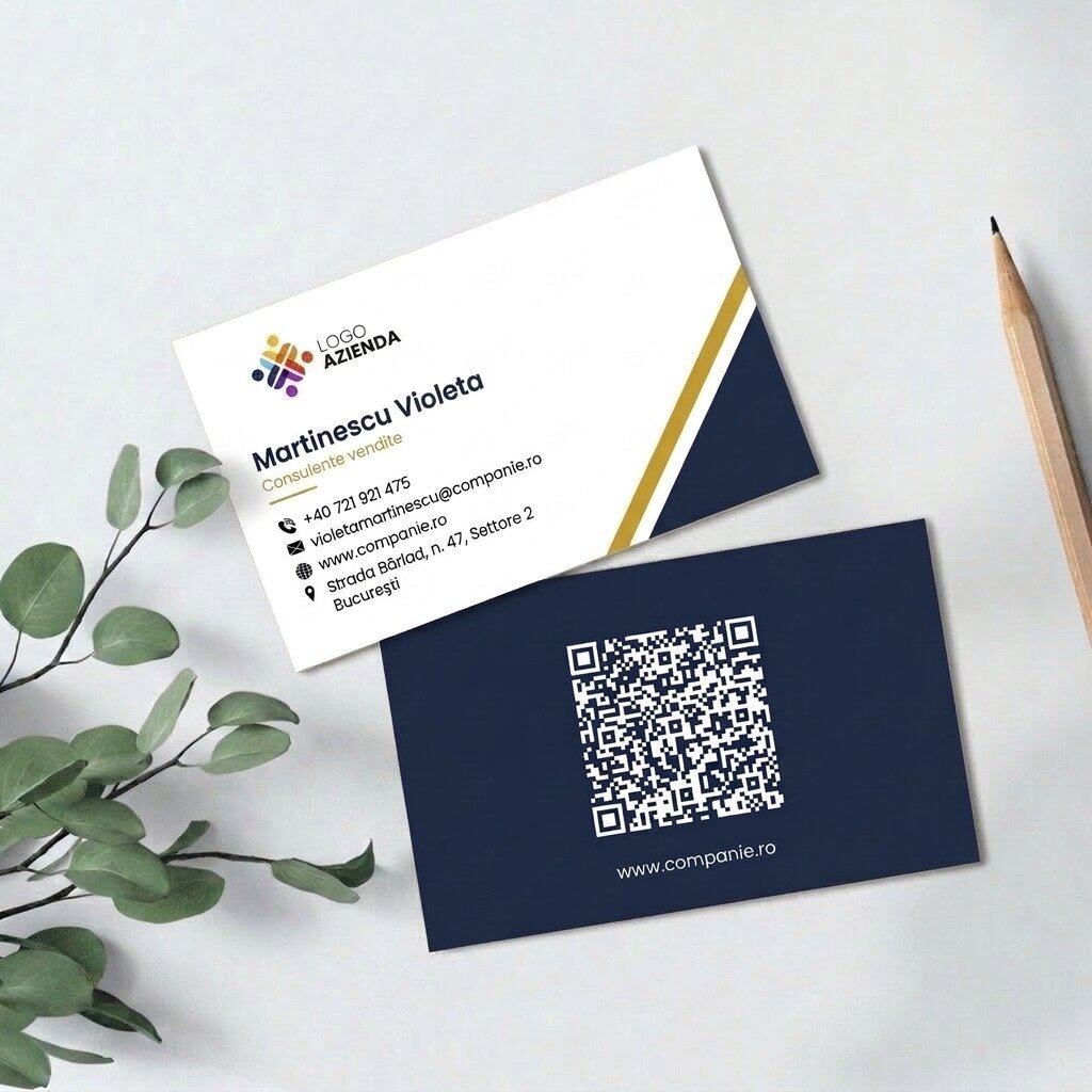 Biglietti da visita personalizzati su carta, design geometrico, logo e codice QR