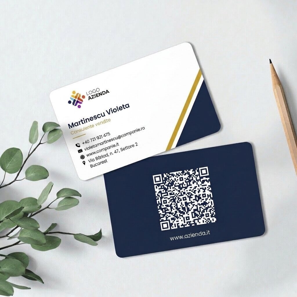 Biglietto da visita personalizzato in alluminio, design geometrico, logo e codice QR